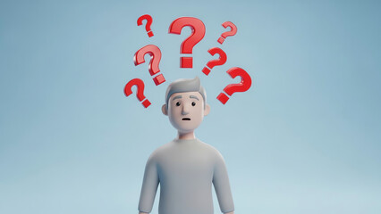 Man surrounded by question marks confusion concept