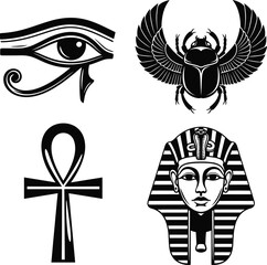 Ancient egyptian symbol icon set vector illustration in black and white graphic style showing the eye of horus, ankh cross, scarab beetle, and king tut mask.