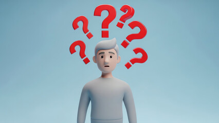 Man surrounded by question marks expressing confusion