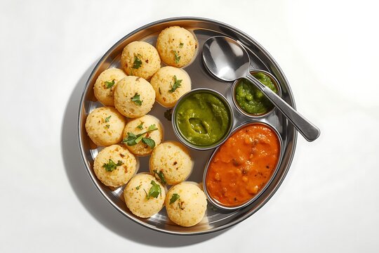 Delicious indian breakfast dish appe served with chutney and sambar on a platter