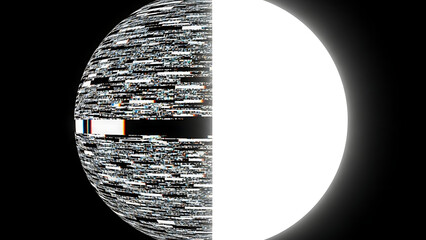 Digital Divide: A striking visual of a sphere split in half, one side filled with glitching digital noise, contrasting starkly with the pristine, bright side.