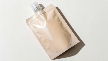 3D Packaging Mockups A beige cosmetic packaging pouch with a screw cap, positioned on a light background.