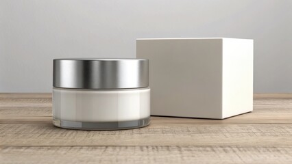 3D Packaging Mockups A sleek cosmetic jar with a silver lid beside a plain white box on a wooden surface.