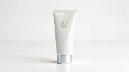 3D Packaging Mockups A minimalist white cosmetic tube with a logo on a clean surface.