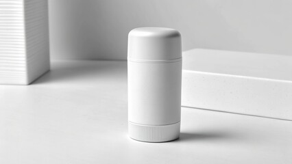 3D Packaging Mockups Minimalist white container on a light background, showcasing modern design and simplicity.