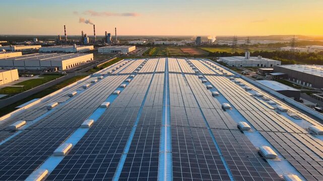 Aerial view of vast solar panels on industrial rooftops at sunset, expansive clean-energy array now