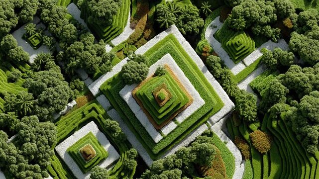 Aerial view of lush, tiered garden landscape design