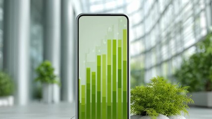 Modern urban landscape with financial analytics concept. A smartphone displaying green bar graphs amidst a contemporary indoor environment. - Powered by Adobe