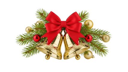 Golden christmas bells and festive decoration with red ribbon on fir branches isolated on transparent background