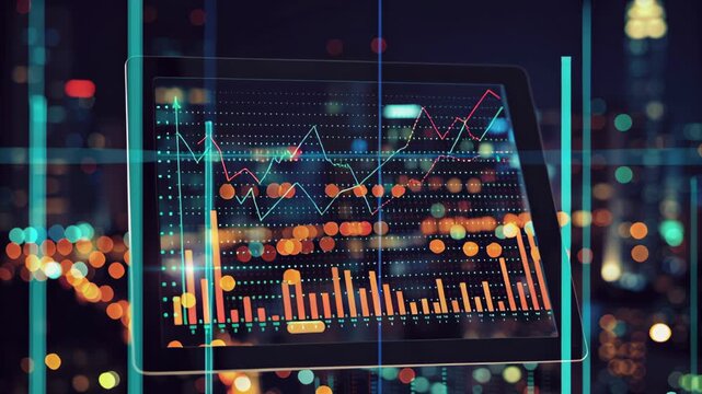 Modern urban landscape with financial analytics concept. A digital tablet displays data trends against a city skyline at night.