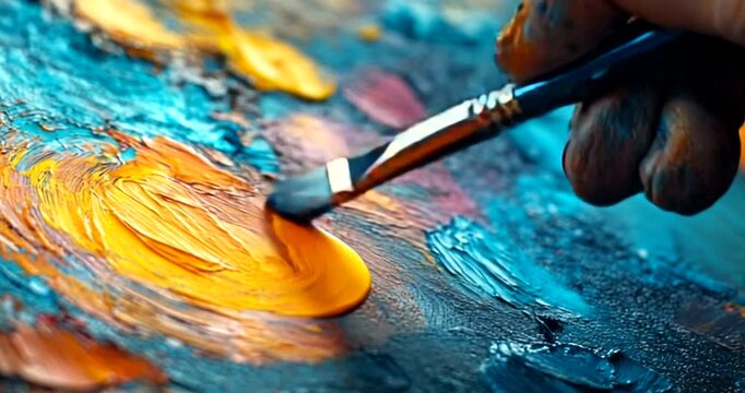 Artist's hand mixing vibrant paint on canvas palette