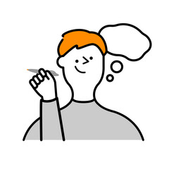 ペンを片手に持ち、考え事や計画を立てる笑顔の男性のイラスト