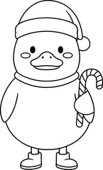 Cute Christmas Duck with Santa Hat and Candy Cane – Isolated on Transparent Background Black and White Line Art Vector
