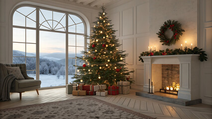 Cozy christmas living room interior with decorated tree, fireplace, and large window showing snowy winter landscape outside at dusk