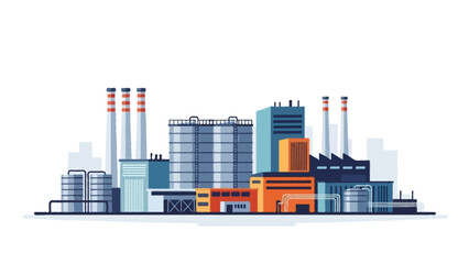 Obraz premium Detailed flat style illustration of a modern industrial factory with tall chimneys, metal tanks, rectangular buildings