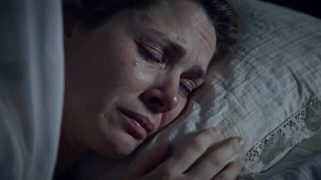 Sad woman crying in bed, feeling depression and loss, with tears rolling down face, experiencing emotional pain and sadness, grief, and loneliness.