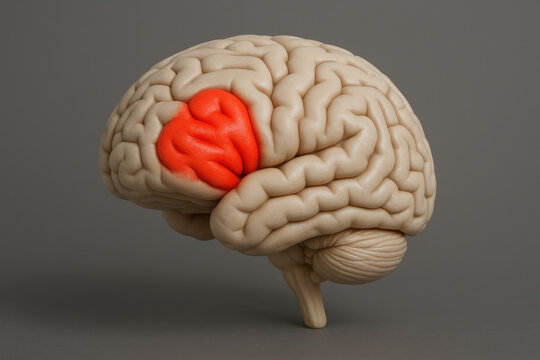 Medical anatomical brain model with Broca area highlighted. Neurology study of aphasia, frustrating speech impairment resulting from stroke or brain damage