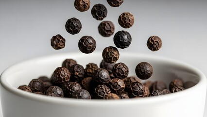 Obraz premium Falling black peppercorns caught in mid-air above a white bowl filled with more peppercorns on a clean grey background
