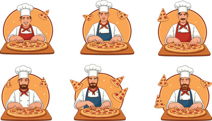 Cartoon professional chefs preparing delicious pizzas with floating slices, culinary illustration of pizza makers in uniform for restaurant and food industry design