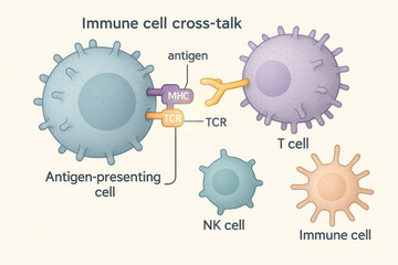 Immunology biology diagram showing immune cell cross talk. An antigen presenting cell interaction with T cell part of complex and responsive human immune system
