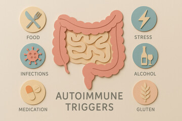 Paper cut flat lay of gut health anatomy with icons representing an informative autoimmune trigger concept. calm design showing causes like stress, food, and alcohol