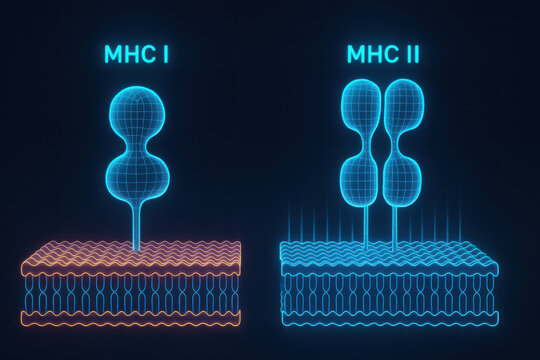 Futuristic MHC molecule diagram with glowing neon light. This biology and immunology illustration shows comparison of protein structure on cell membrane with clinical clarity