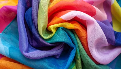 Close-up view of swirled vibrant rainbow-colored fabric