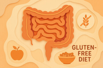 Stylized paper cut intestine for gluten free diet. An informative illustration on gut health, nutrition, and healthy eating with symbols for wellness and digestion