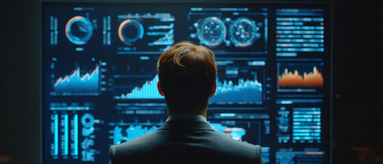 A focused individual observing various data visualizations on a large screen, showcasing graphs and metrics