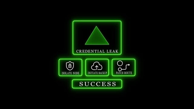 Cybersecurity alert credential leak with response options.Glowing Technology neon animation 4k video.