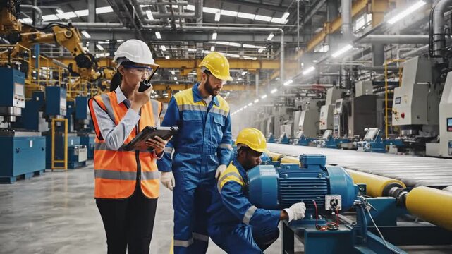 Three workers in safety gear inspect a blue industrial motor inside a busy, high-tech factory today