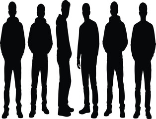 Silhouettes of casual male figures standing in relaxed poses, highlighting hoodie and jeans outlines in various stances