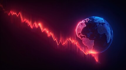 A striking visual metaphor of economic decline, the globe is bisected by a sharp, descending red line suggesting global market instability. ..Created with Generative AI, not depicting real subjects.
