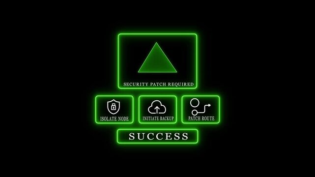 Cybersecurity Alert Security Patch Required with Response Options..Glowing Technology neon animation 4k video.