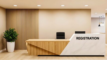 Modern reception desk in bright minimalist office interior