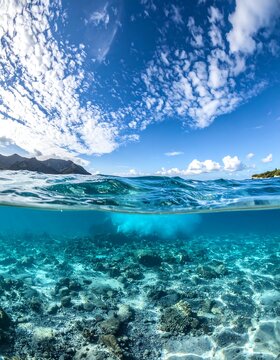 A mesmerizing split-level view revealing both the airy blue sky with scattered clouds and the crystal-clear underwater world