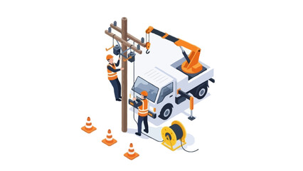 Fototapeta premium Isometric illustration of electrical line workers installing power cables on utility pole with fast service vehicle and equipment on white background