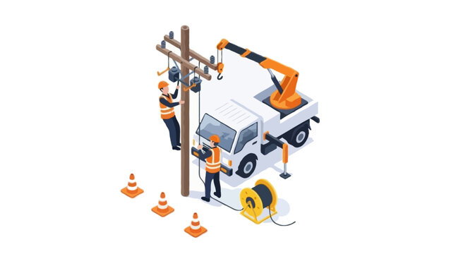 Isometric illustration of electrical line workers installing power cables on utility pole with fast service vehicle and equipment on white background