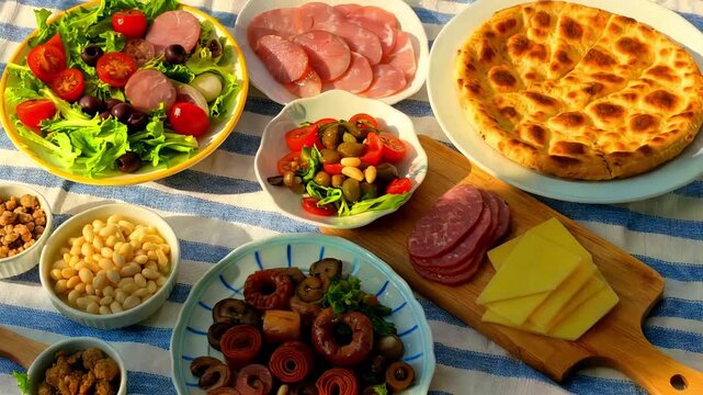 Picnic spread featuring fresh salad cured meats flatbread cheese beans olives and various antipasto items arranged on a blue and white striped tablecloth for an outdoor meal setting