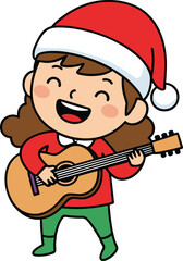 Cute Christmas Girl Playing Guitar in Santa Hat Cartoon Music Vector Illustration