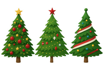 Set of three festive christmas trees with various ornaments, stars, lights, and ribbon on transparent background