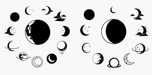 Set of black and white moon phases, celestial bodies, and planet illustrations on transparent background. © Adji