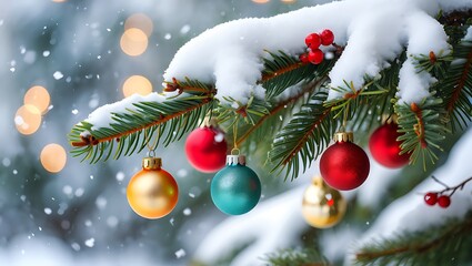 Colorful Christmas Ornaments Hanging on Snowy Pine Tree Branch with Red Berries