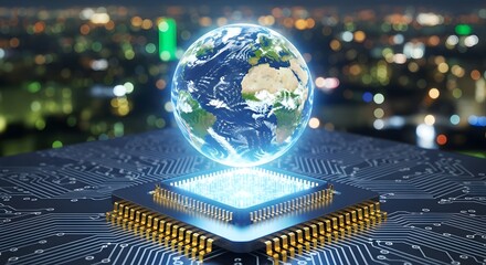 Digital earth globe glowing above a computer processor on a circuit board