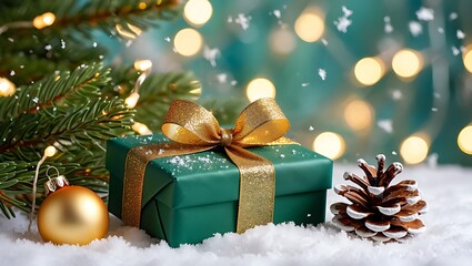Christmas Gift Box in Snow with Pine Cone, Ornament, and Bokeh Lights