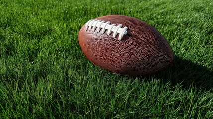Obraz premium An American football rests on lush green grass,