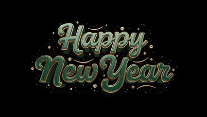 Elegant 3d rendering of happy new year text in deep green and gold script with festive confetti on black background