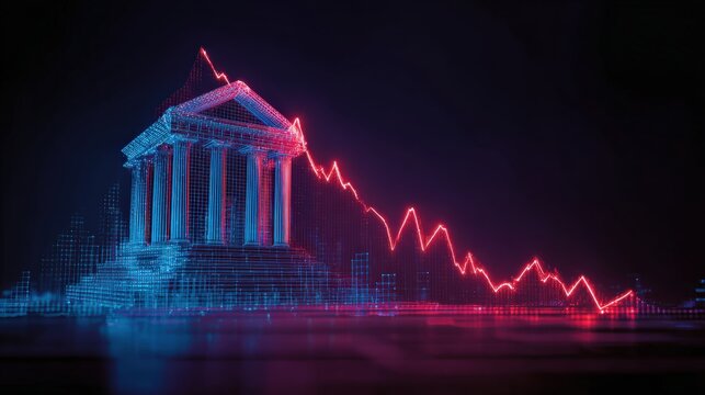 Financial crisis visualized through a futuristic representation of an iconic building under a declining graph.  ..Created with Generative AI, not depicting real subjects.