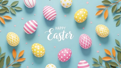 Easter sunday happy easter text with decorated easter eggs and leaf sprigs on a light blue background in a flat lay