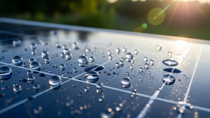 Close up of water droplets resting on a photovoltaic solar panel surface under bright morning sunlight
